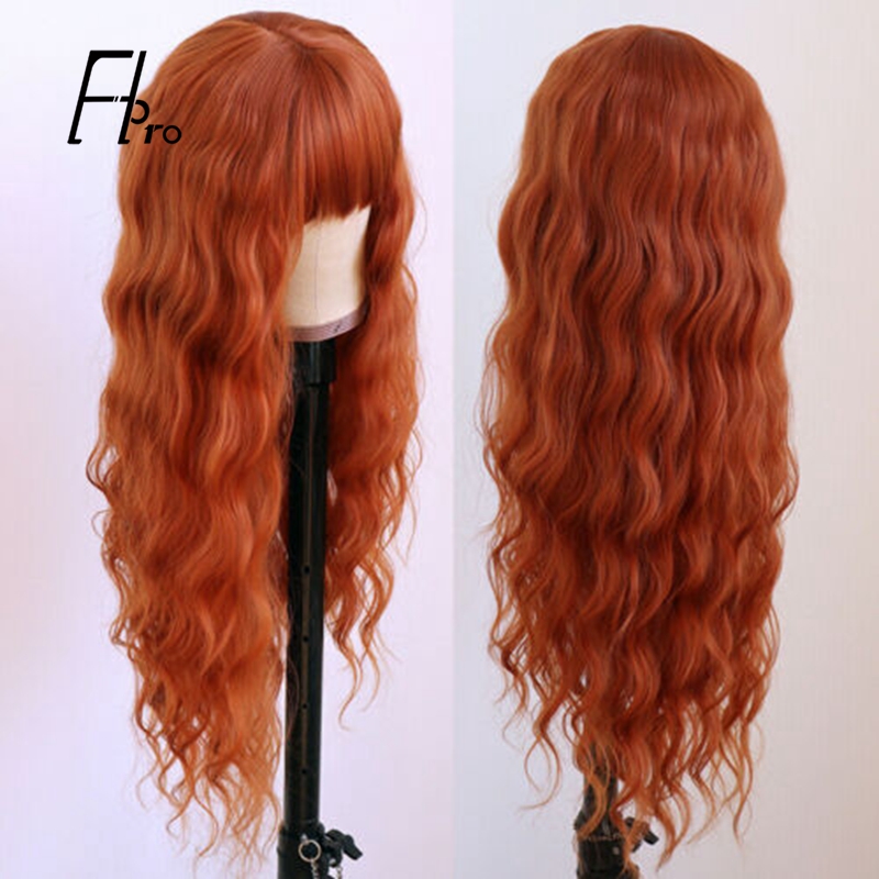 Long Loose Wave Wig Ginger Orange Color Lace Closure Wig With Bangs